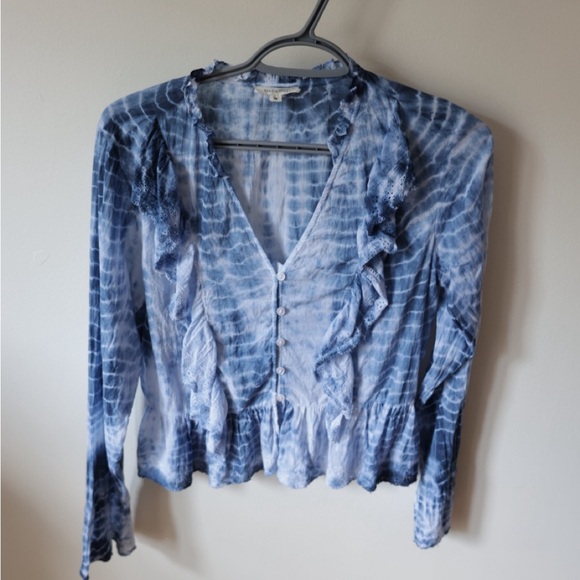 Blue Tie-Dye Women Top cotton free people style long sleeve button up flare - Picture 7 of 9
